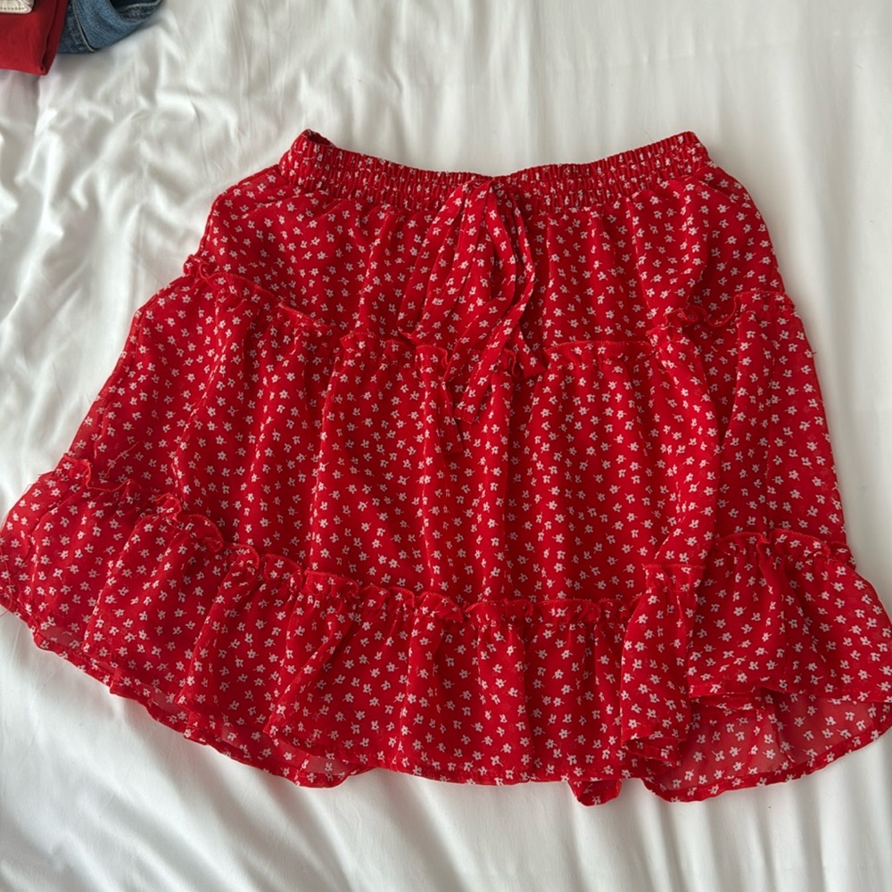 Red 3 tiered floral skirt with white and blue flowers!